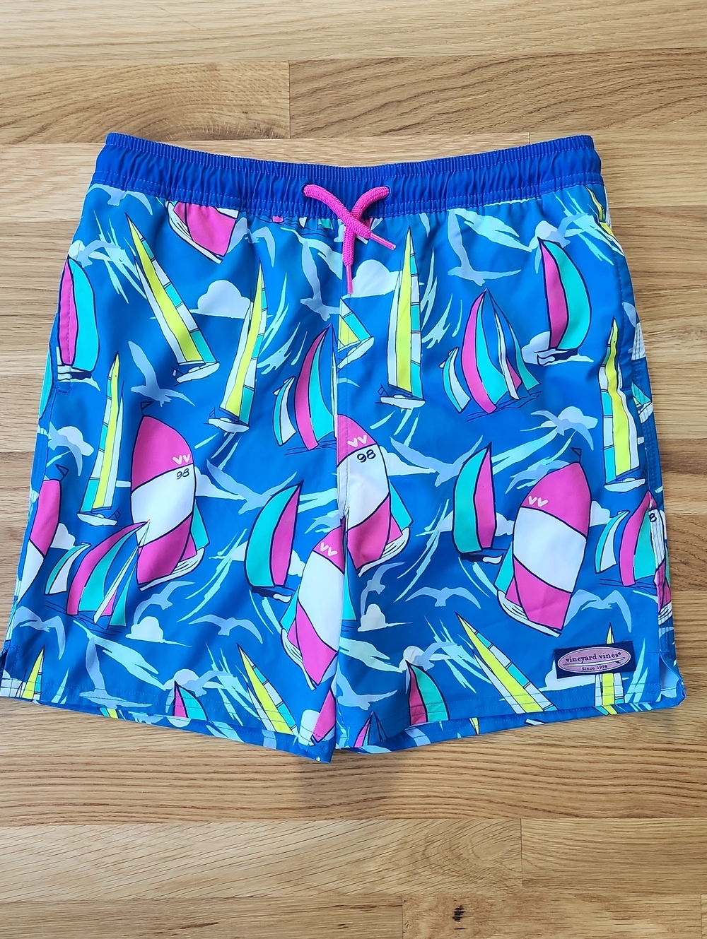 Vineyard Vines Blue Sailboat Print Boys Swim Trunks with Pink Drawstring